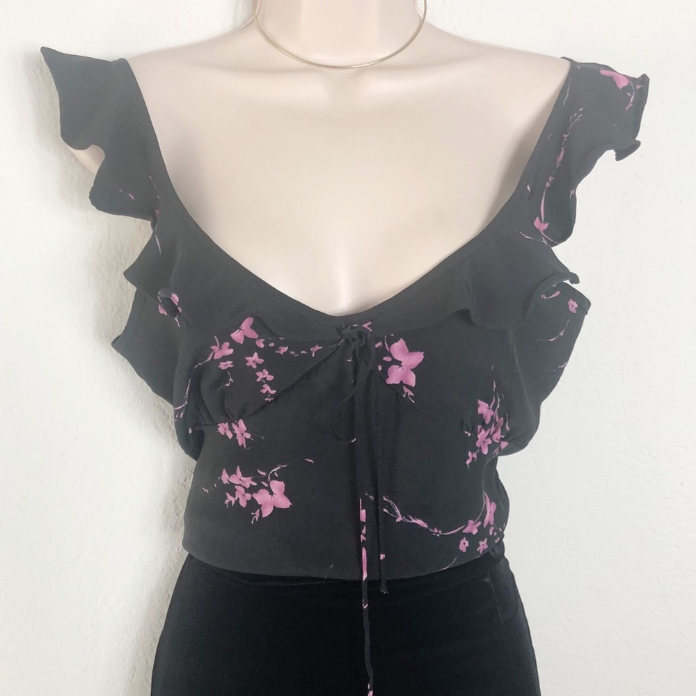 Black Floral Ruffle Top, Size M